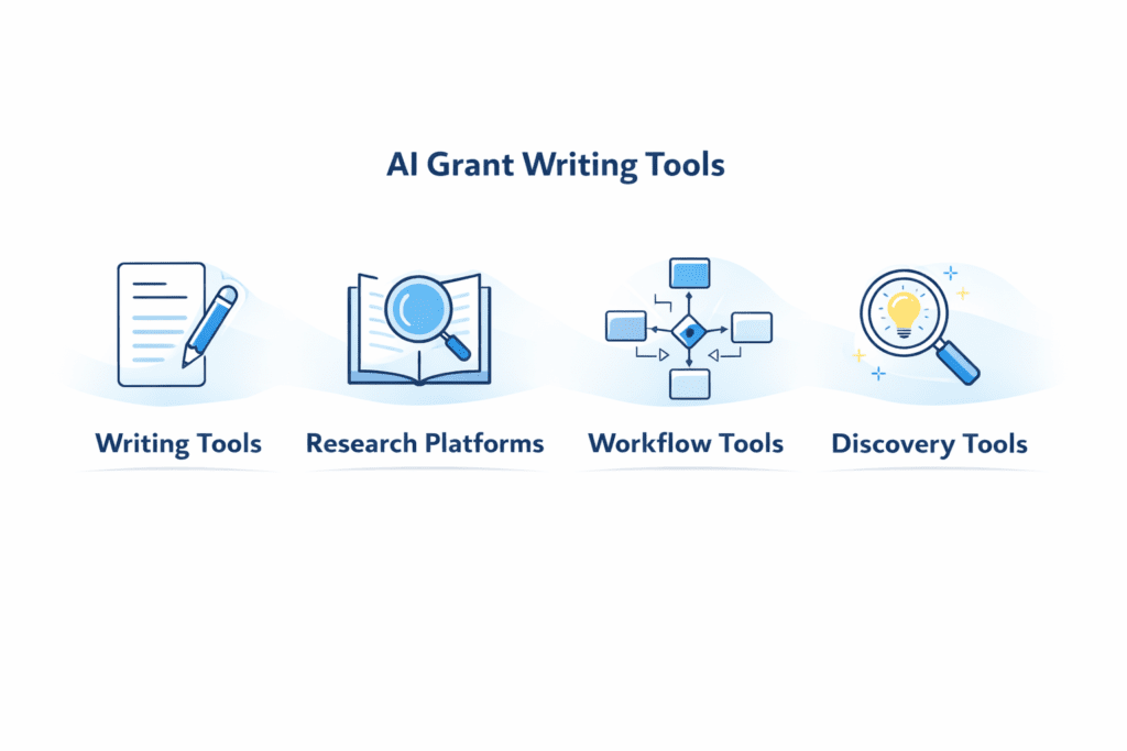 Categories of AI Grant Writing Tools including writing tools research platforms workflow tools and discovery tools