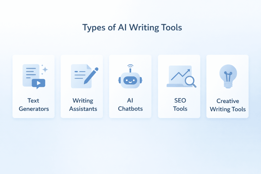 Types of AI Tools for Content Writing including text generators writing assistants AI chatbots SEO tools and creative writing tools