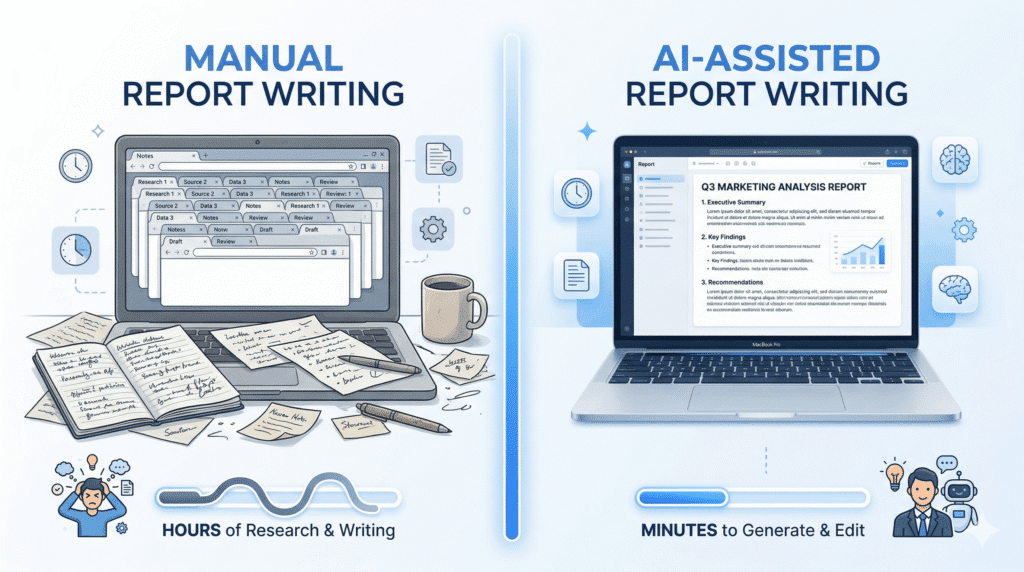 Comparison between manual report writing and AI Tool for Writing Reports showing faster results with AI