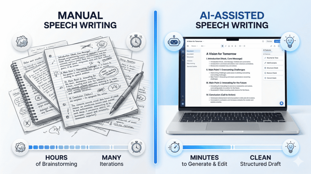 Comparison between manual speech writing and AI Tools for Speech Writing showing faster and structured output