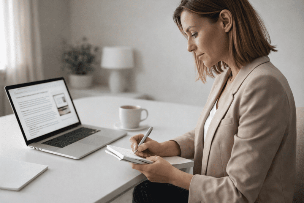 Writer taking notes while editing AI content using a laptop