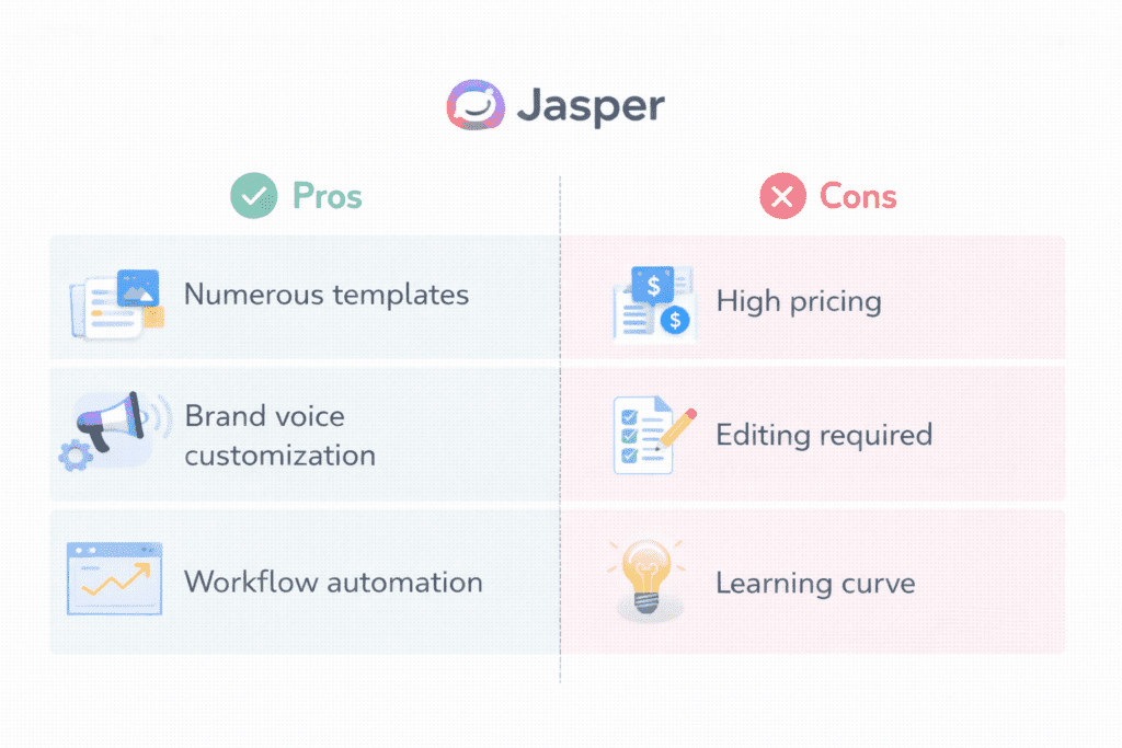 Pros and cons comparison chart highlighting key Jasper AI pros and cons
