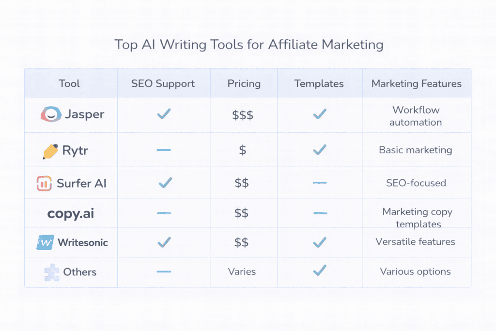 Comparison table of ai writing tools for affiliate marketing including Jasper Rytr Surfer AI Copy.ai and Writesonic