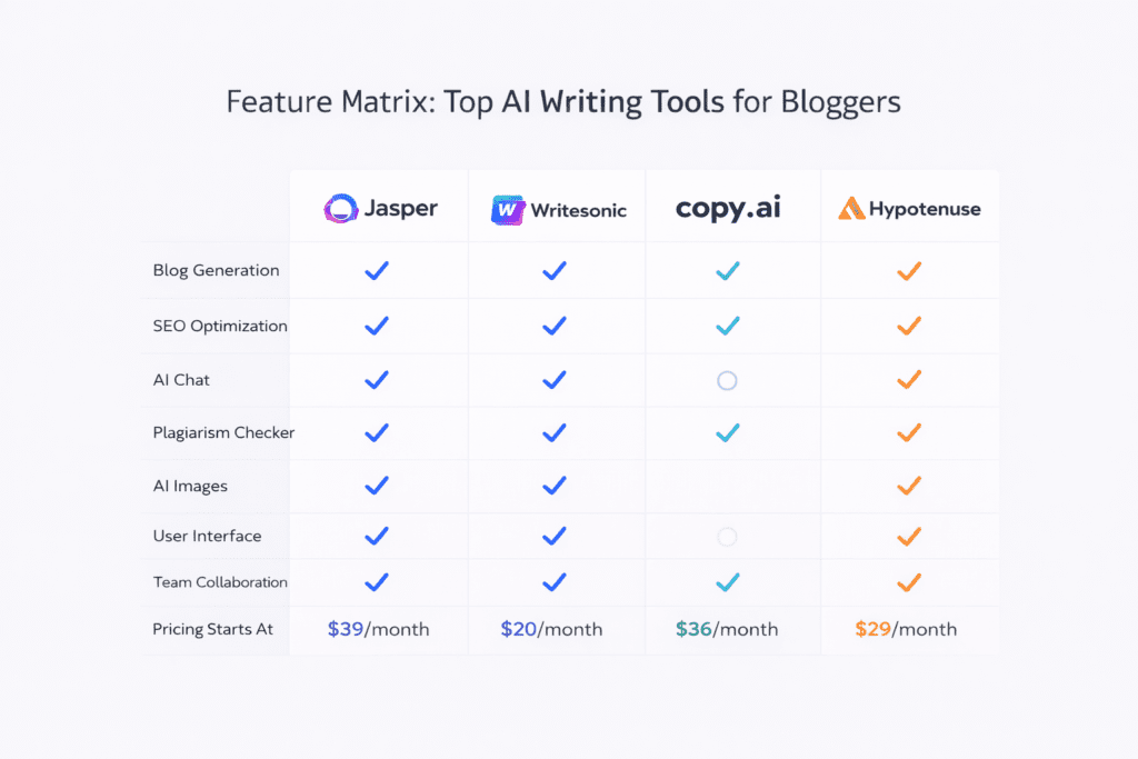Feature matrix comparing AI writing tools for bloggers like Jasper and Copy.ai