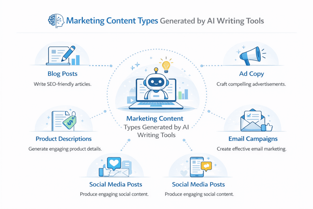 Marketing content types generated by AI tools explaining what is Jasper AI for beginners