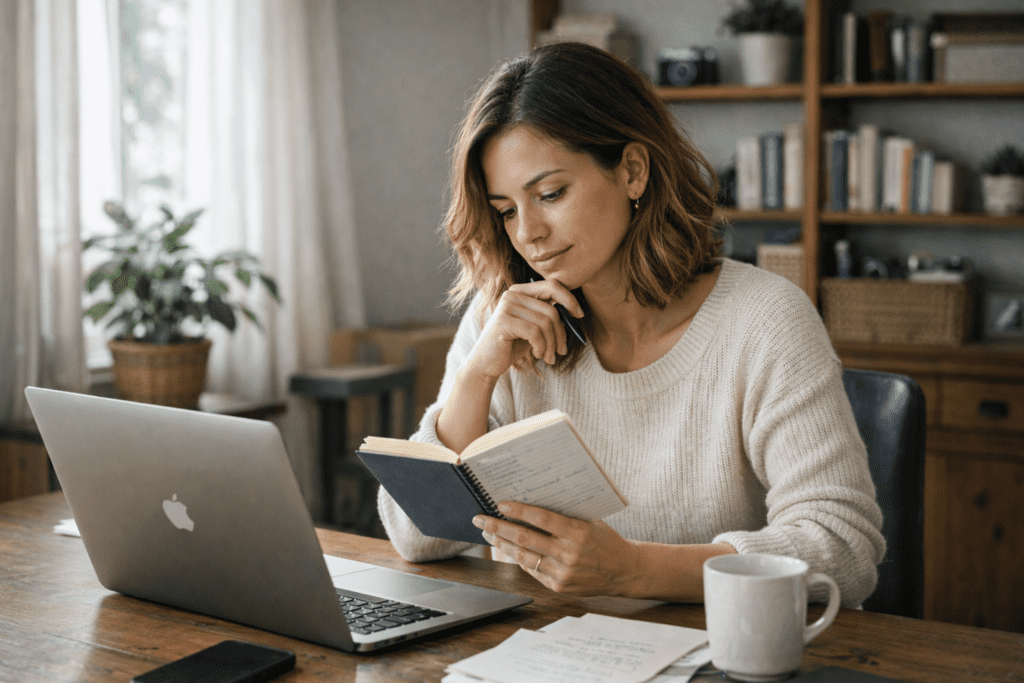 Blogger reviewing notebook ideas for ai writing prompts at a desk