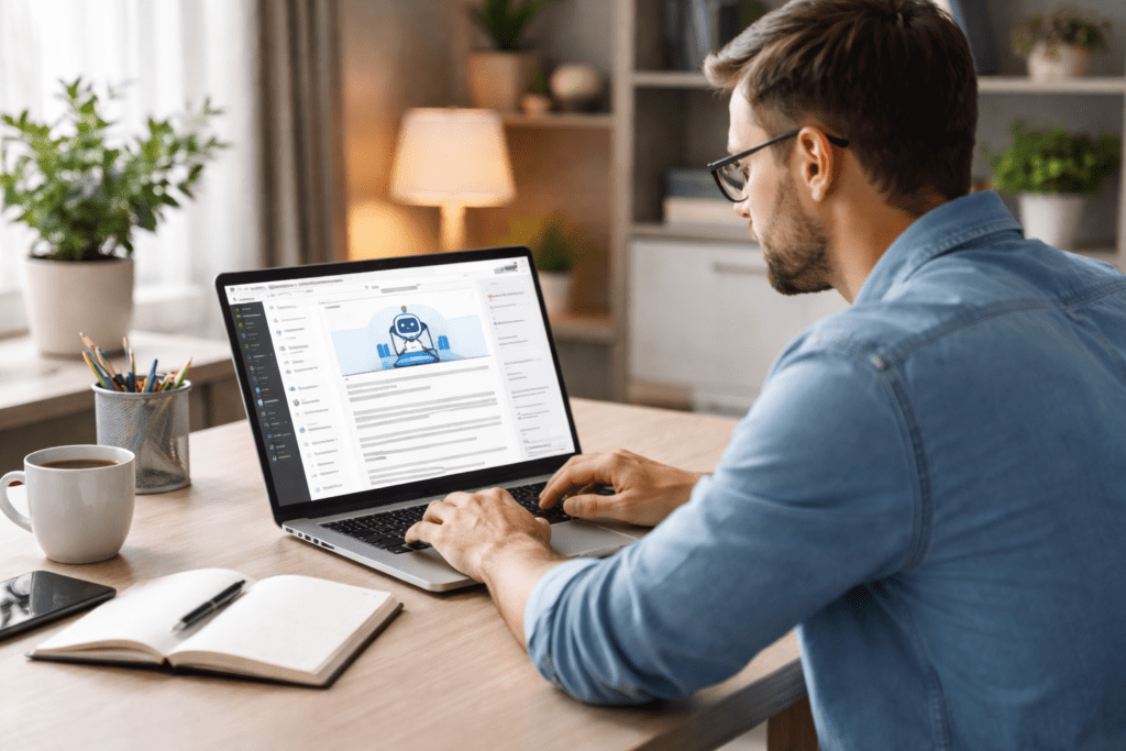 Small business owner creating marketing content using AI writing tools for small business on laptop