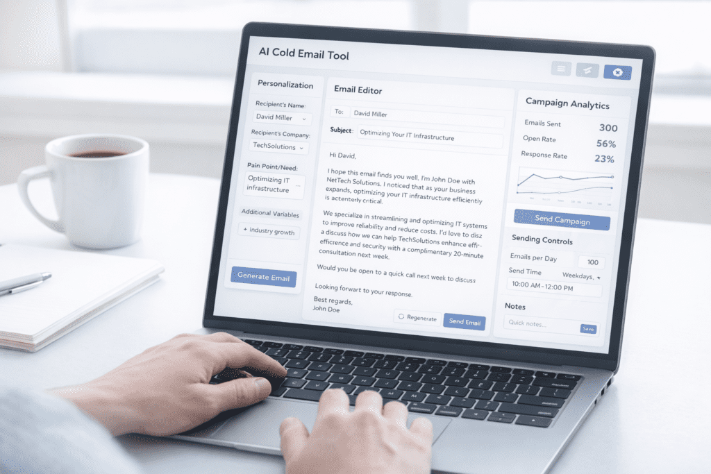 AI cold email tool dashboard with personalization fields email editor and campaign analytics for cold email copywriting