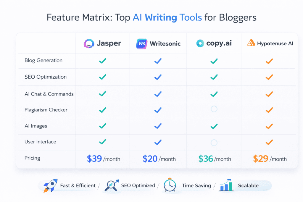 Feature matrix comparing AI writing tools for SEO like Jasper and Writesonic