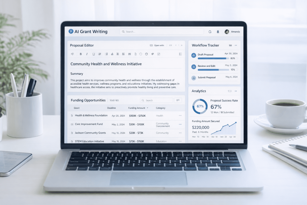 AI Grant Writing Tools dashboard showing proposal editor funding opportunities and analytics