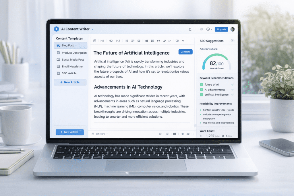 AI content writer dashboard with SEO suggestions keyword recommendations and article editor using AI Tools for Content Writing
