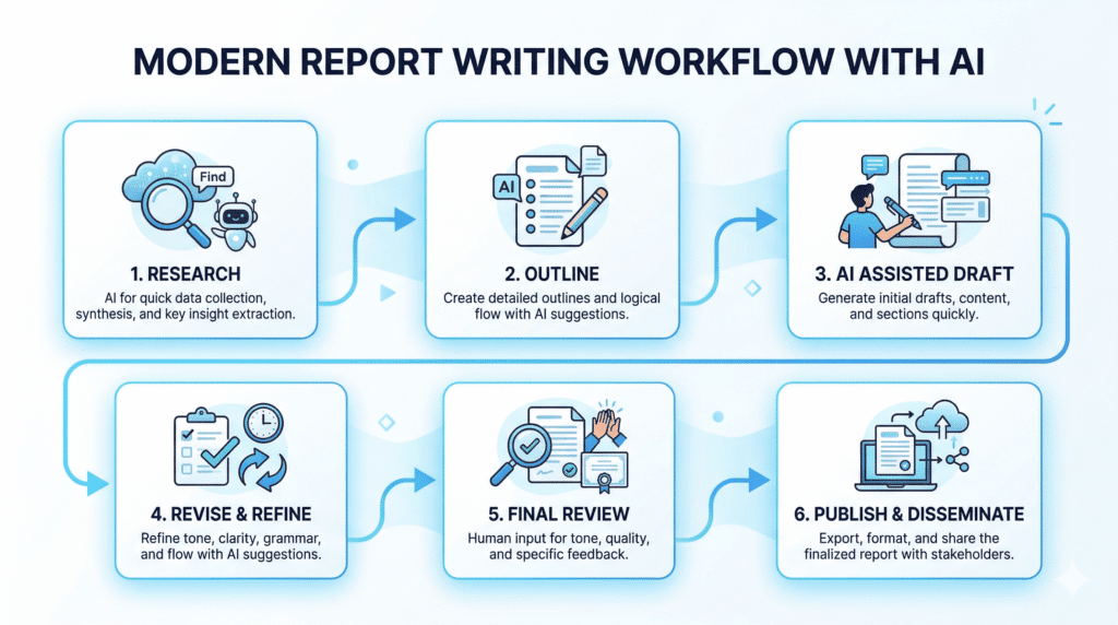 AI report writing workflow including research outlining drafting reviewing and publishing using AI Tool for Writing Reports