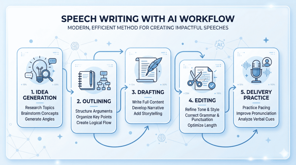 AI speech writing workflow including idea generation outlining drafting editing and delivery practice using AI Tools for Speech Writing