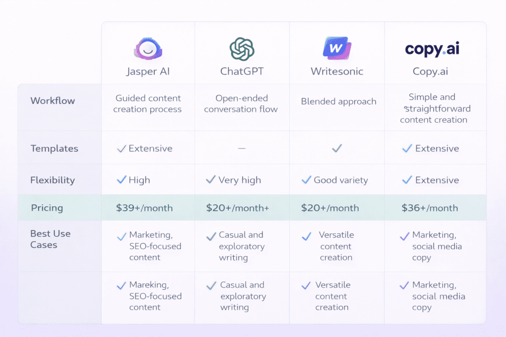 Comparison table of Jasper AI ChatGPT Writesonic and Copy.ai for content creation tools