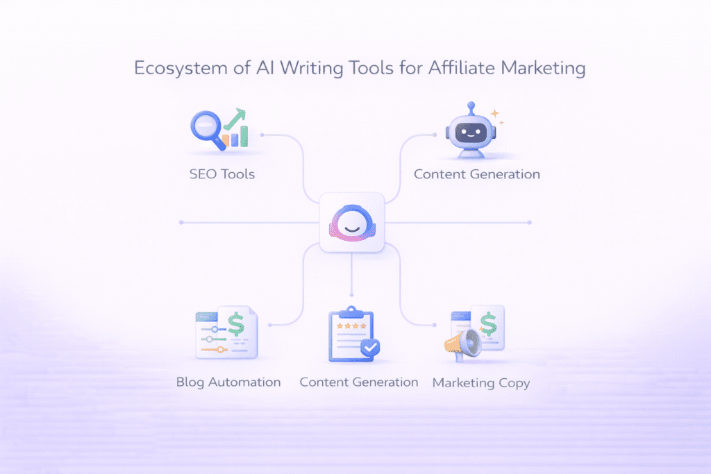 Ecosystem diagram showing ai writing tools for affiliate marketing including SEO tools content generation and blog automation