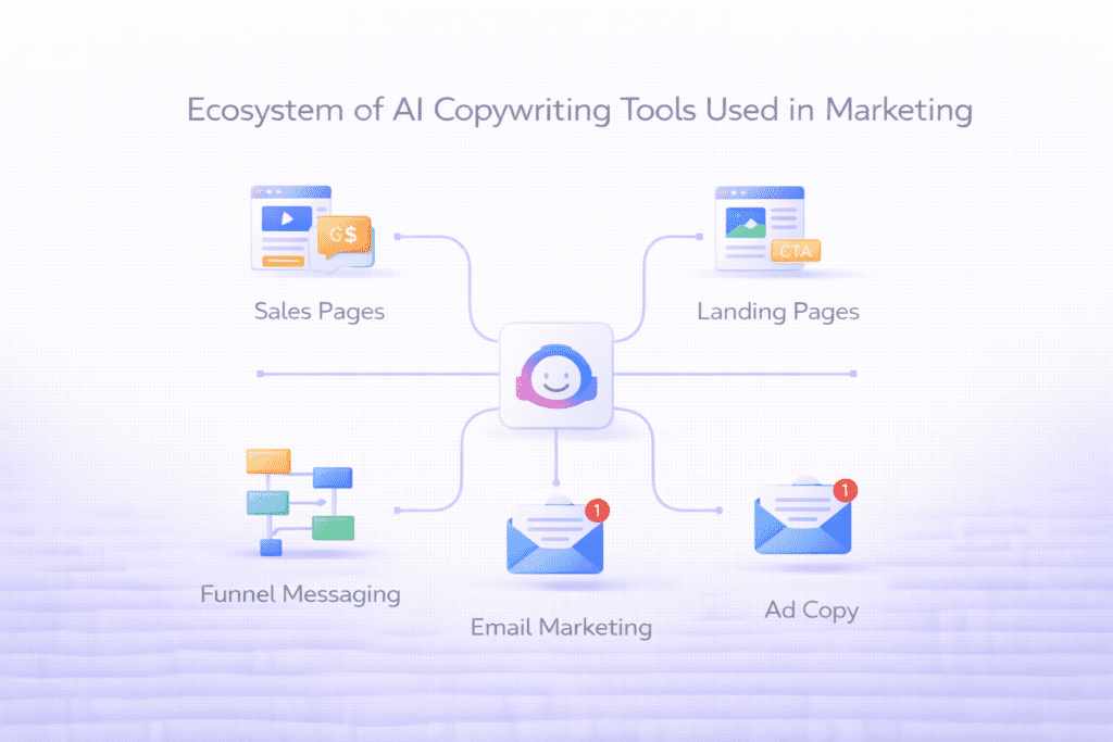 Marketing ecosystem diagram showing how ai copywriting tools for sales pages connect with landing pages email marketing and ad copy