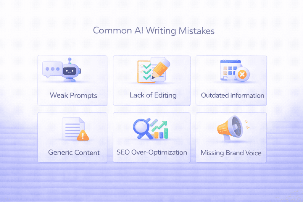 Infographic listing common AI writing mistakes including weak prompts generic content and missing brand voice