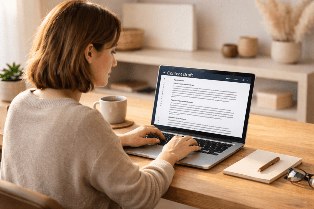Blogger drafting content using AI writing tools for SEO on a laptop
