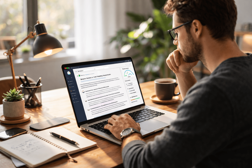 Male blogger testing AI writing tools for bloggers on a laptop