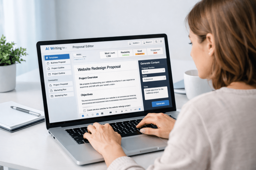 User creating a website redesign proposal using AI tools for proposal writing on a laptop