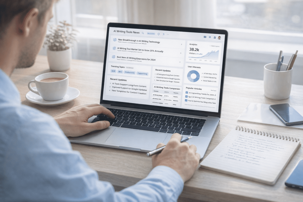 Professional reviewing AI Writing Tools News trends and analytics on a laptop with data charts