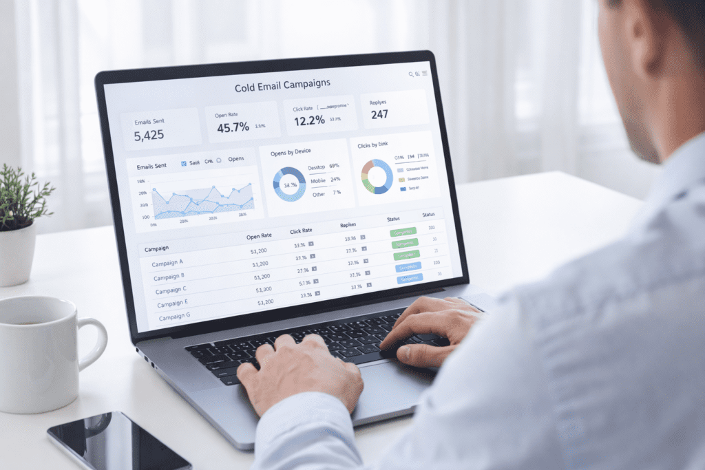 Cold email campaign analytics dashboard showing open rate click rate and replies using ai tools for cold email copywriting