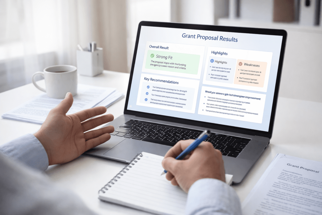 Grant proposal results and feedback using AI Grant Writing Tools with recommendations and improvement insights