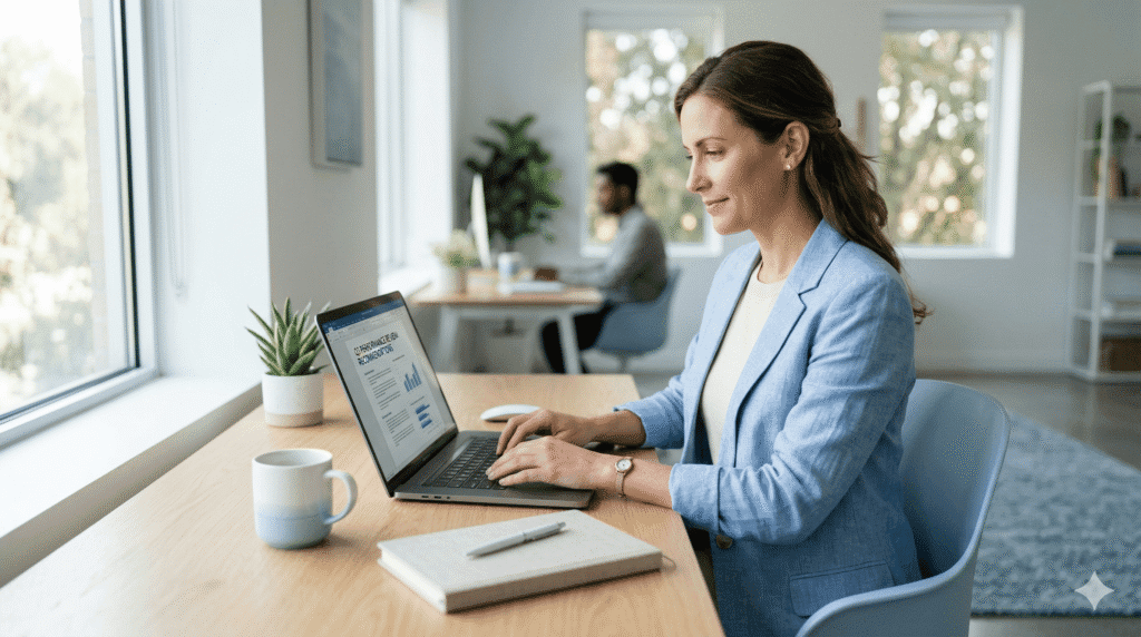 Professional working on report using AI Tool for Writing Reports on laptop in modern office environment