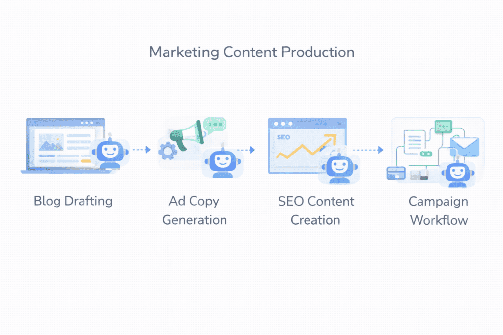 Marketing workflow created using Jasper AI for blog writing ad copy and SEO content