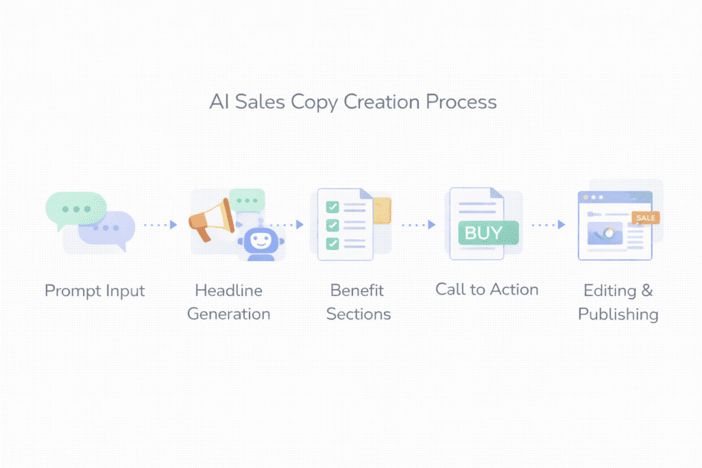 Step by step workflow showing how ai copywriting tools for sales pages create headlines benefits and call to action sections