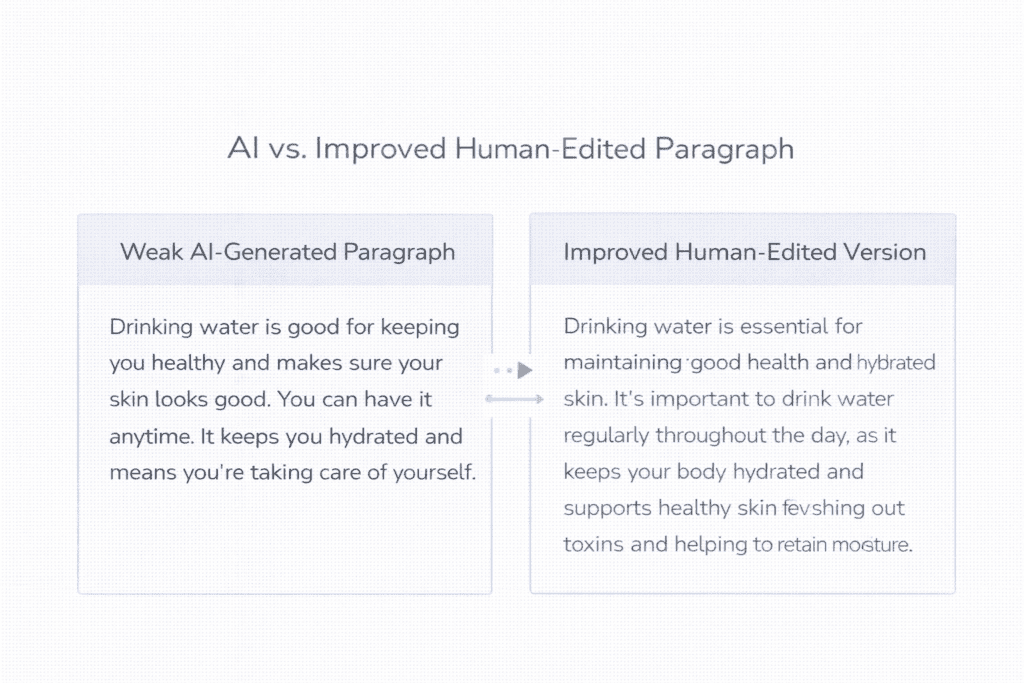 Example showing weak AI paragraph compared with improved version to explain common AI writing mistakes