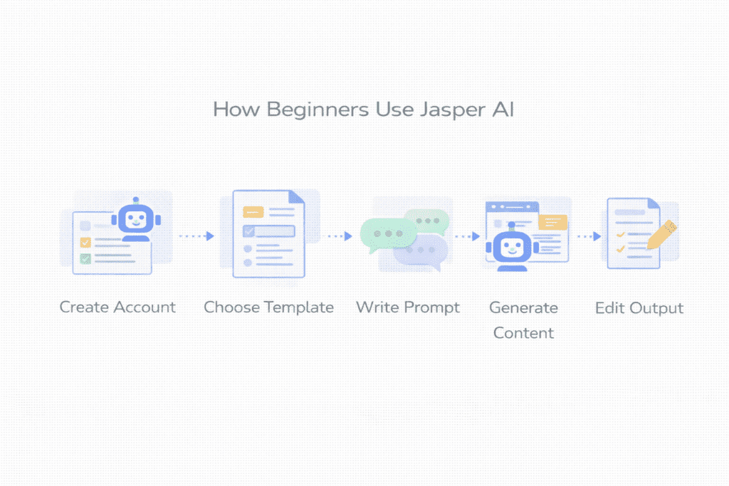Beginner workflow diagram explaining how does Jasper AI work when creating content step by step