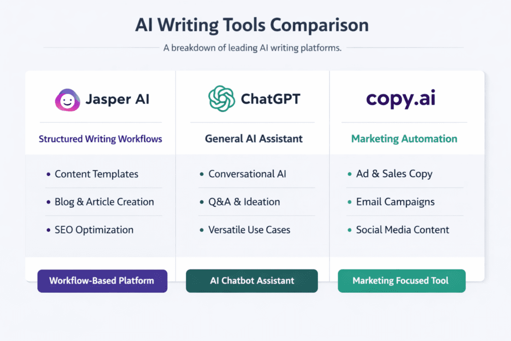 Comparison chart showing Jasper AI ChatGPT and Copy.ai to explain what is Jasper AI