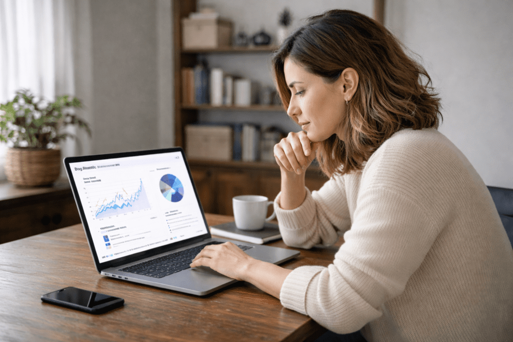 Blogger analyzing rankings using AI writing tools for SEO analytics