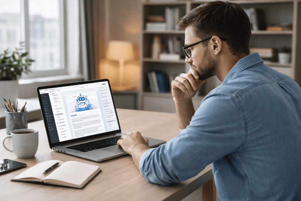 Content creator reviewing AI generated article while testing tool for Copy AI review