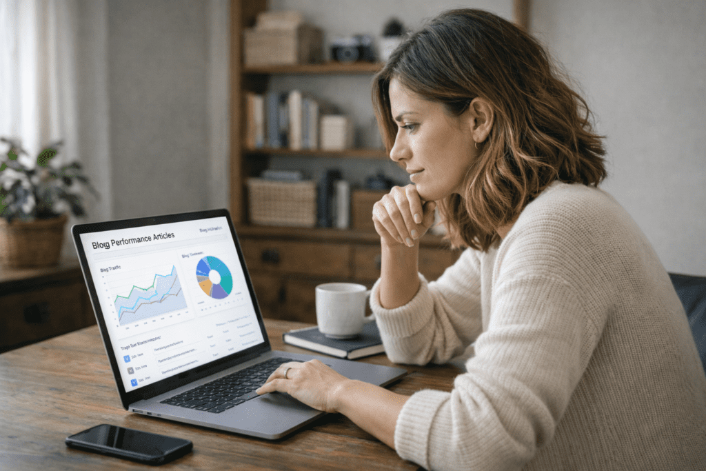 Blogger analyzing traffic using AI writing tools for bloggers on laptop