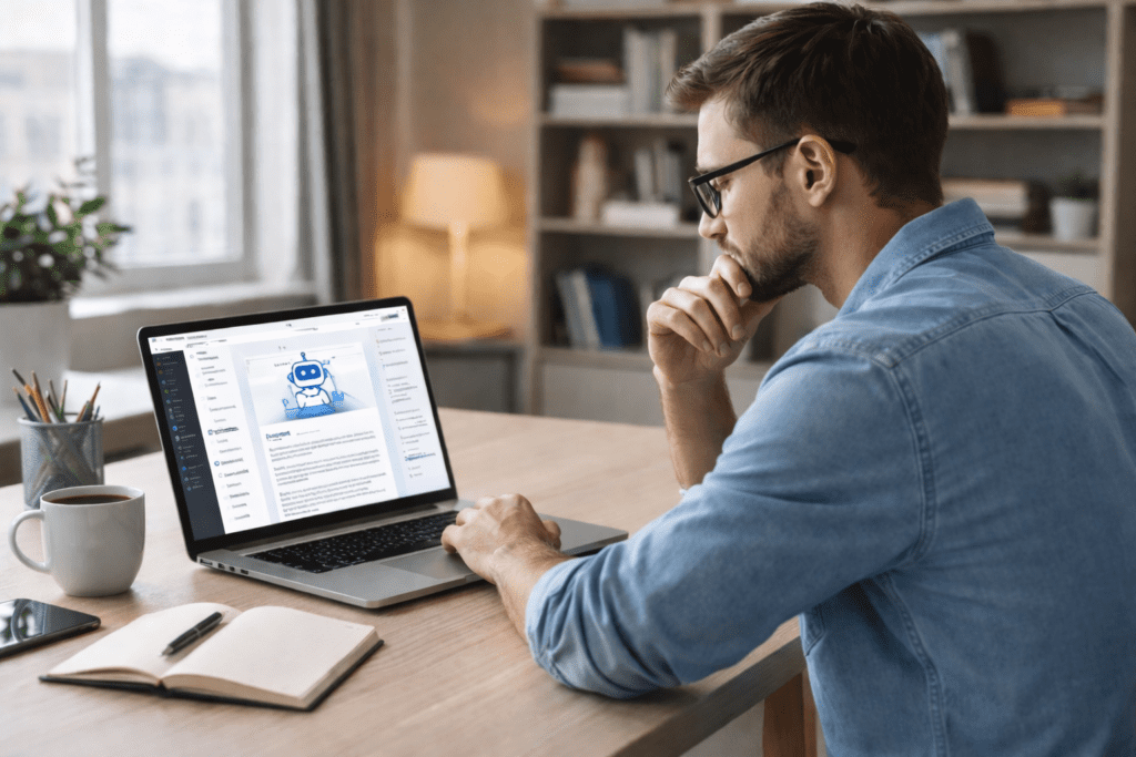 Content creator using AI writing software on laptop while learning what is Copy.ai