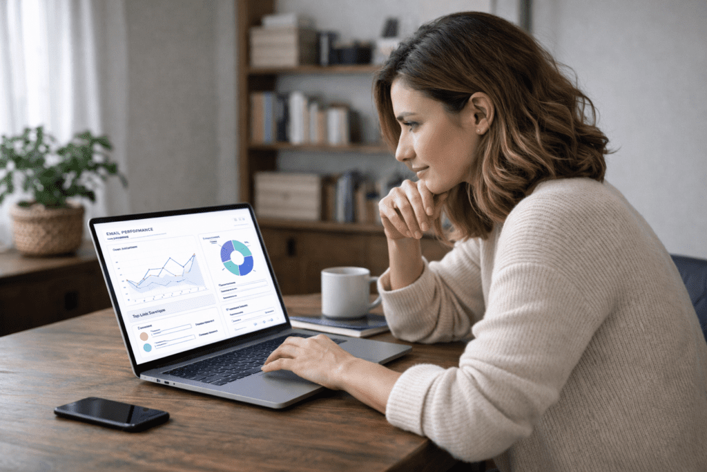 Marketer reviewing results using AI tools for email marketing on laptop