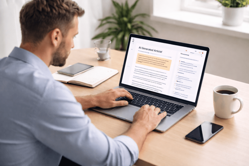Writer editing AI generated article on laptop while reviewing Jasper AI pros and cons