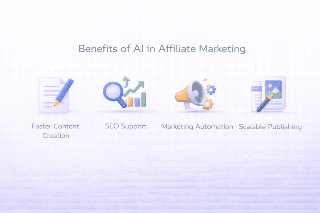 Benefits of using ai writing tools for affiliate marketing including faster content SEO support and scalable publishing