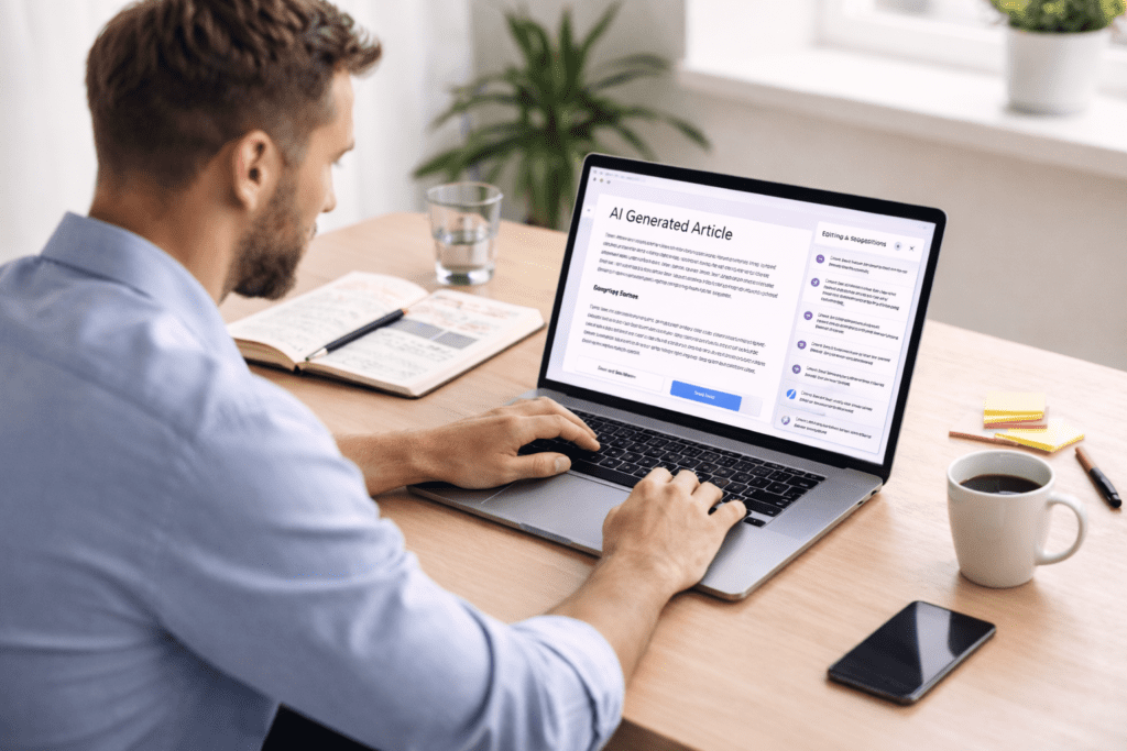 Content creator editing AI generated article to fix common AI writing mistakes and improve readability