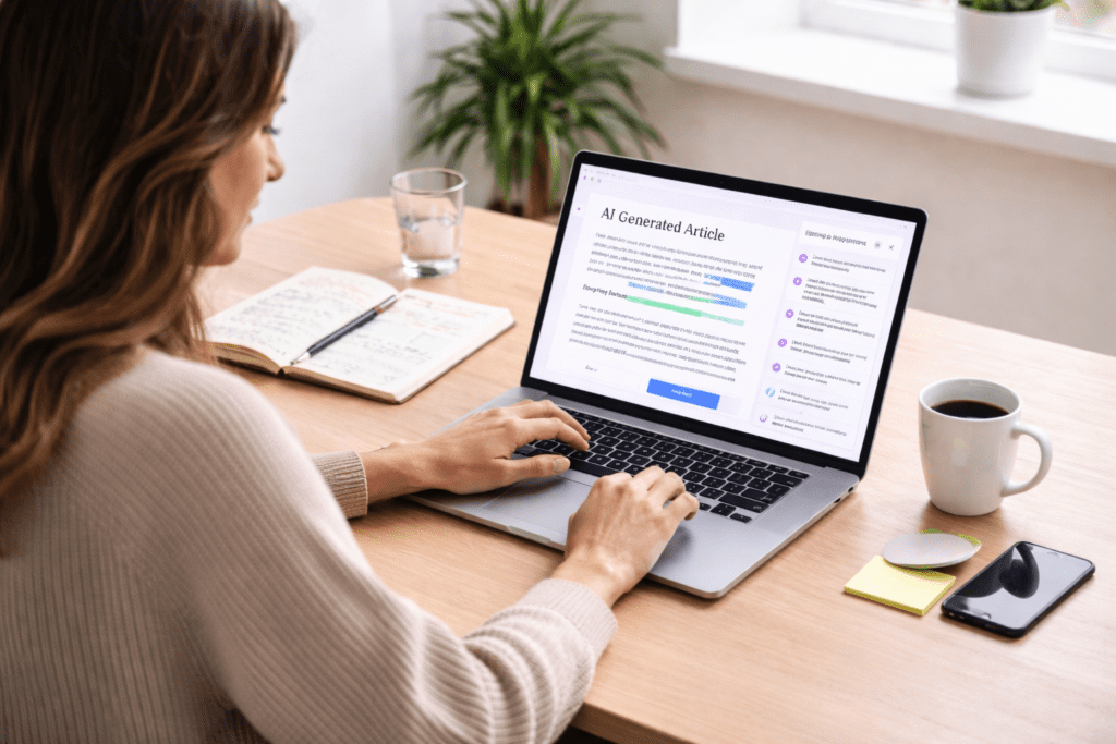 Content creator editing AI generated article on laptop while learning how does Jasper AI work