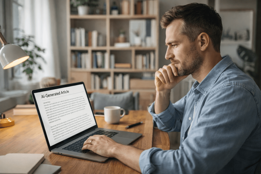 Content creator reviewing AI generated article on laptop while researching what is Jasper AI