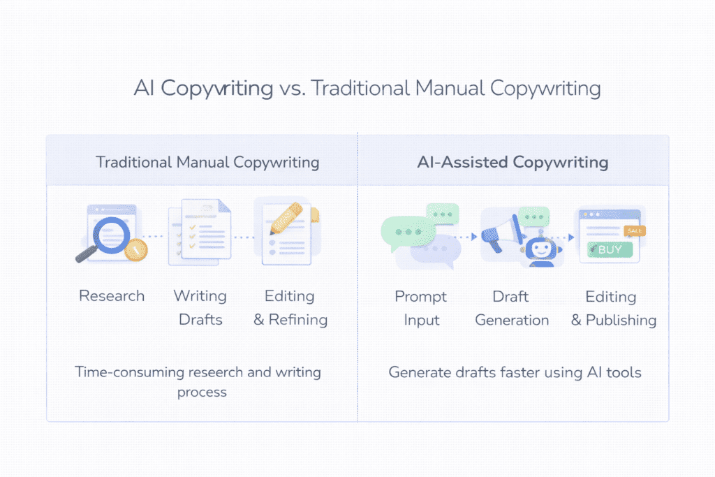 Comparison infographic showing manual writing vs ai copywriting tools for sales pages workflow