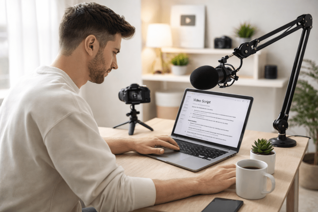 Content creator reviewing YouTube script written with ai tools for youtube scripts