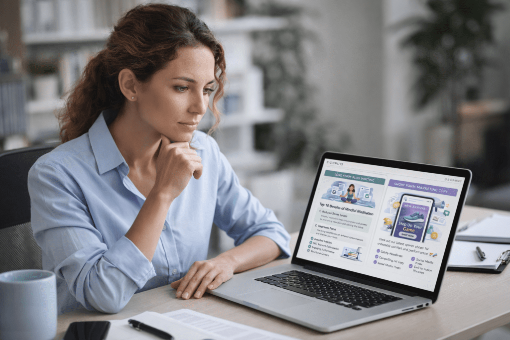 marketer evaluating copy.ai vs jasper AI tools on laptop