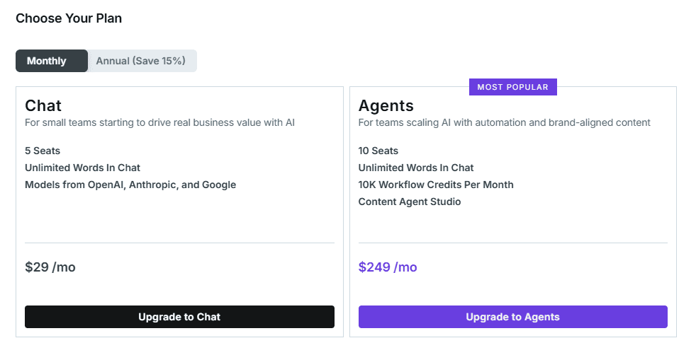 Copy.ai pricing plans shown in Copy ai Review including Chat plan and Agents plan monthly pricing
