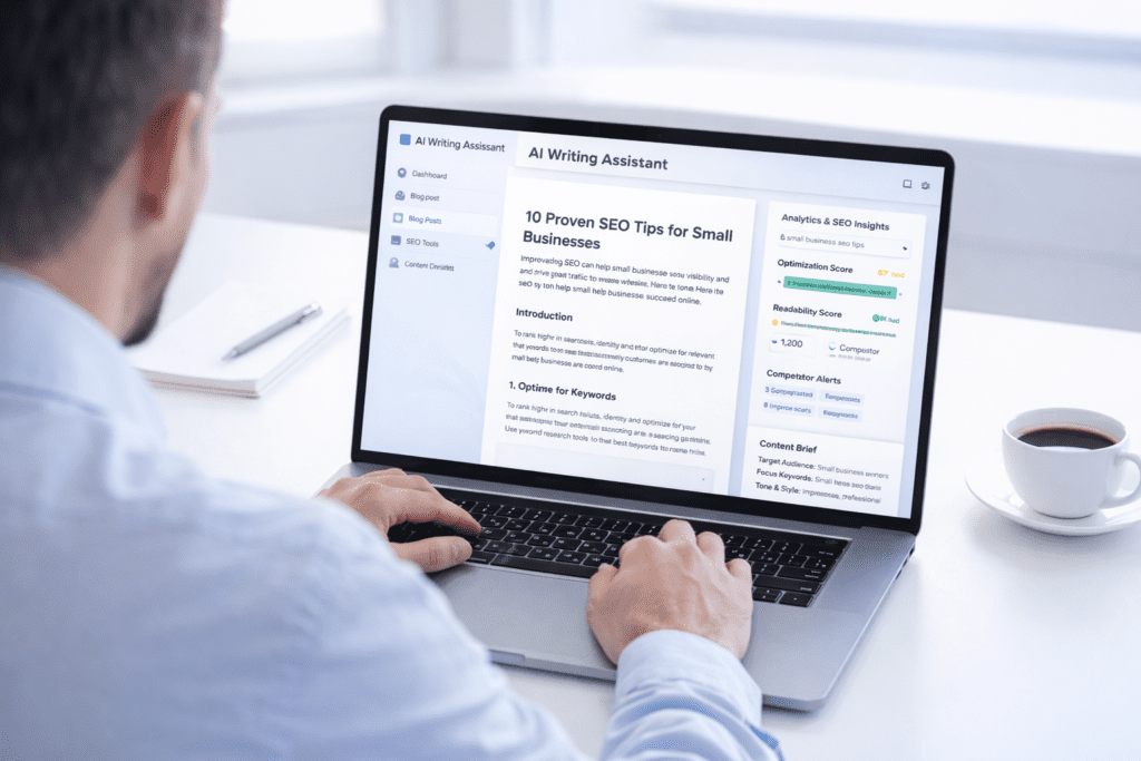 User writing blog content using affordable AI writing tools on laptop with SEO suggestions
