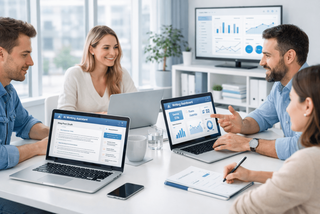 Marketing team using AI writing tools for agencies to create and manage content on laptops