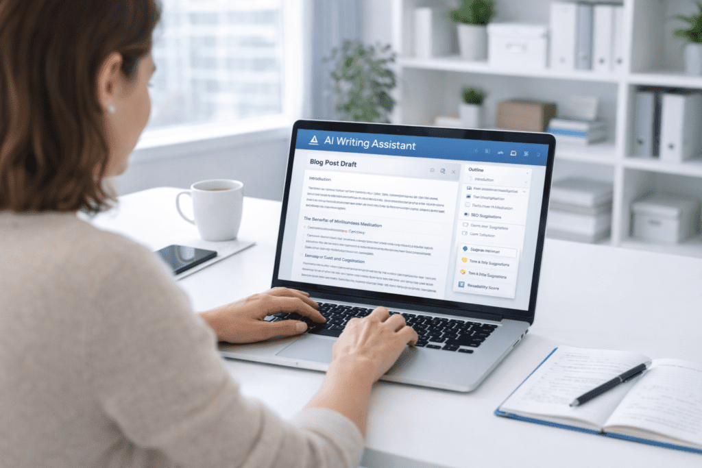 User writing blog draft using AI tools for long form content writing on laptop